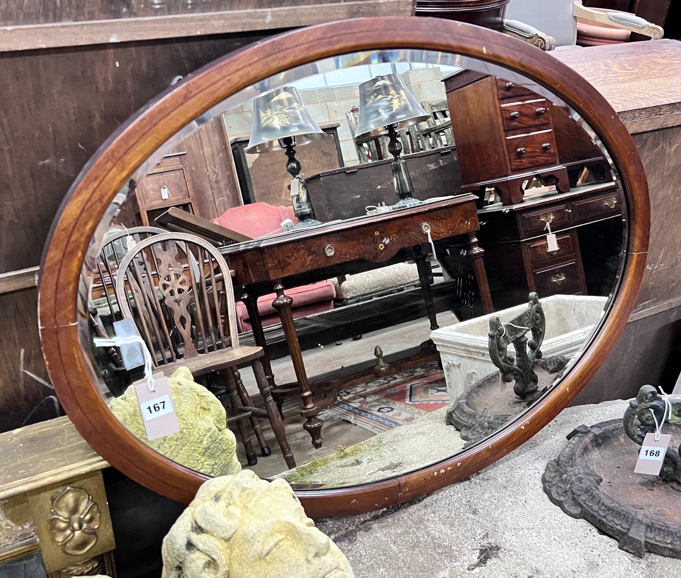 An Edwardian strung mahogany wall mirror, width 90cm, height 65cm *Please note the sale commences at 9am.
